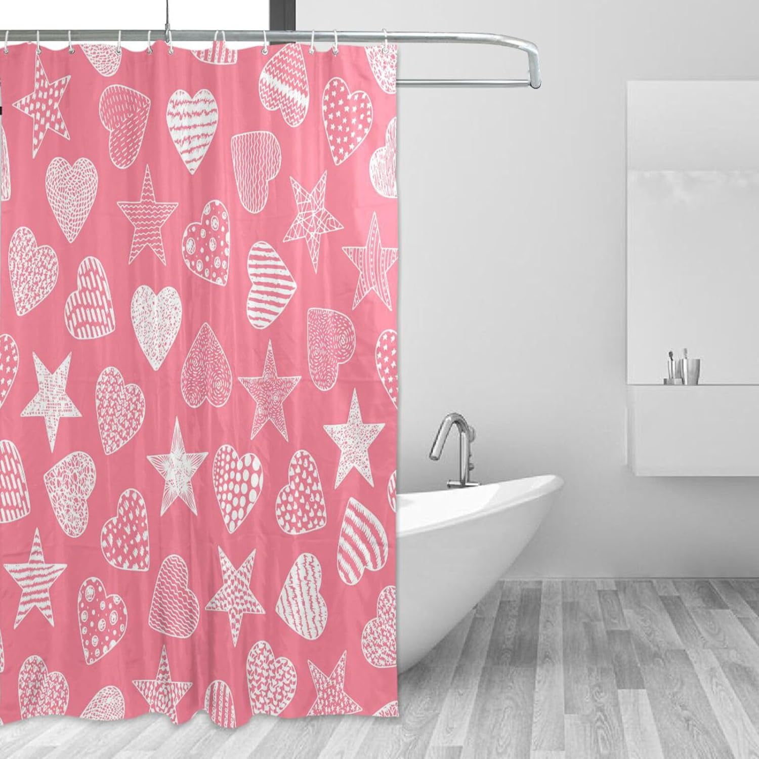 FREEAMG Valentine's Day Love Heart Shower Curtain, Waterproof Fabric Shower Curtains with 12 ...