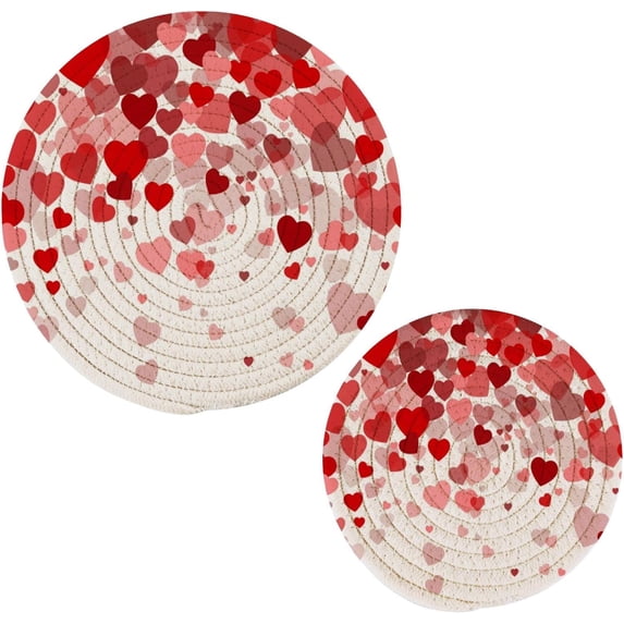FREEAMG Valentine's Day Red Heart Trivet Pot Holder,Round Woven Potholders Set 2PCS-Braided Hot Pads - Coasters - Table Mats for Cooking and Baking36