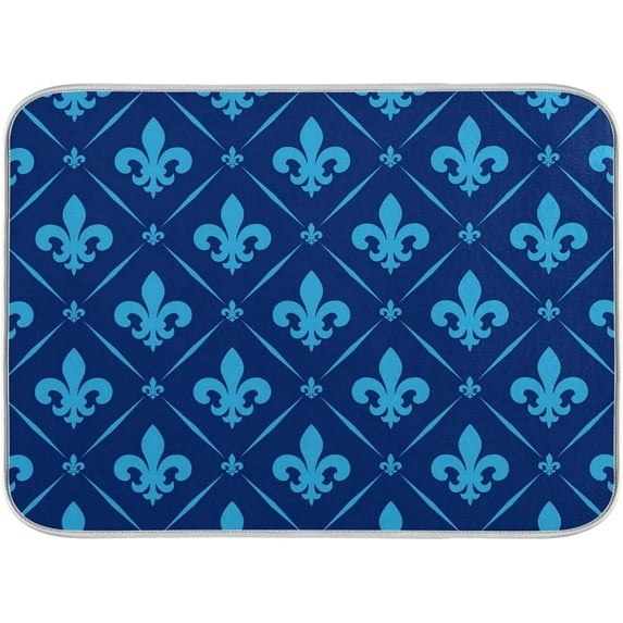 FREEAMG Vintage Blue Fleur-De-Lis Floral Absorbent Dish Drying Mat, 16 x 18 Inches Microfiber Kitchen Countertop Table Protector Multi-purpose Counter Rack Sink Drainer Pad
