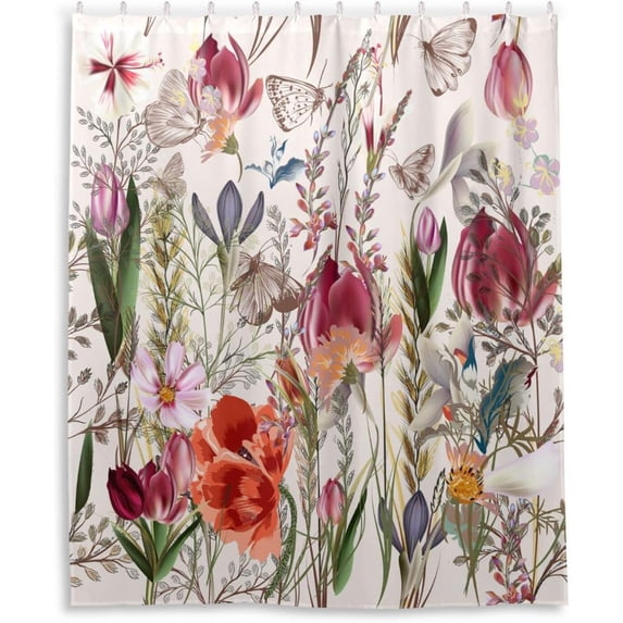 FREEAMG Vintage Flower Butterfly Shower Curtain for Bathroom Waterproof Fabric Shower Curtains Bathtub Curtain with 12 Hooks, 60"x 72" for Bath Hotel Room