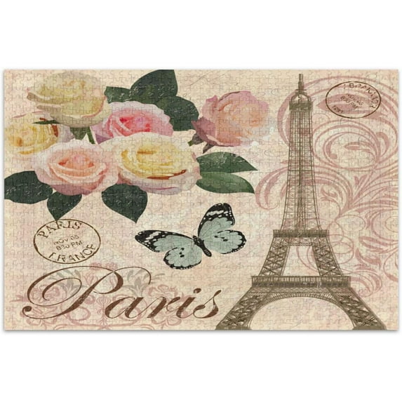 FREEAMG Vintage Paris Eiffel Tower Rose Butterfly (2) 500 Pcs of Irregular Puzzle Printed with Colored Letters on Back to Reduce Difficulty a Happy Time of Cooperation