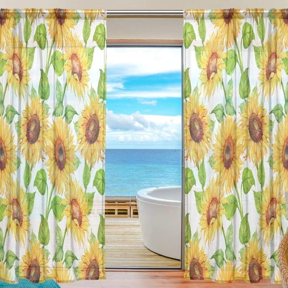 FREEAMG Watercolor Flower Sunflower Sheer Curtains Window Voile Panels Drapes Tulle Curtains Semi Sheer Curtains 84 Inches Long for Living Room Bedroom, Set of 2