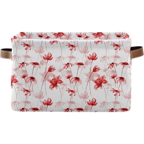 FREEAMG Watercolor Red Flowers Foldable Canvas Storage Bin, Sturdy Fabric Storage Basket with Handles, Storage Cube Box for Organizing Shelf Nursery Toy Closet 1PCS