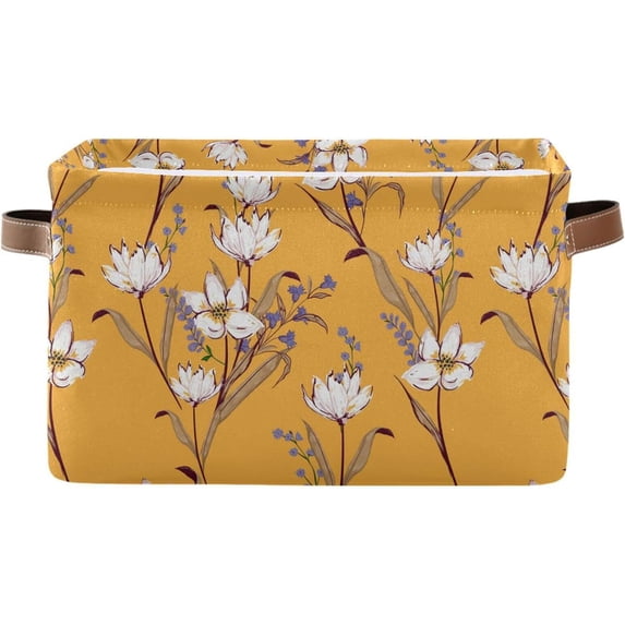 FREEAMG White Flowers Foldable Canvas Storage Bin, Sturdy Fabric Storage Basket with Handles, Storage Cube Box for Organizing Shelf Nursery Toy Closet 1PCS