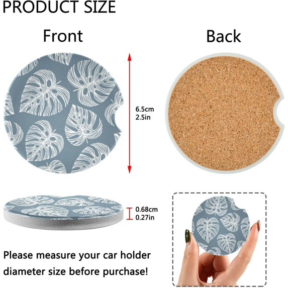 FREEAMG White Leaves Car Coaster for Cup Holders,2 PCS Absorbent Ceramic Car Cup Coasters Universal Vehicle Non-Slip Car Cup Holder Coaster