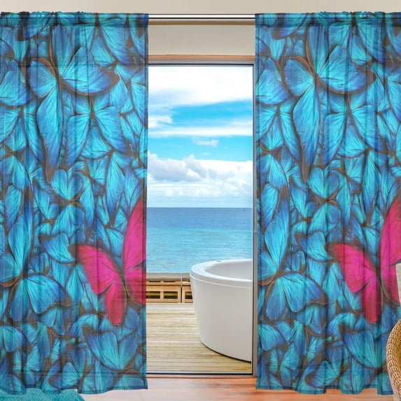FREEAMG Wild Blue Butterfly Sheer Window Curtain Panel Drape 55x84 Inch for Living Room Bedroom Kids Room 2 Piece