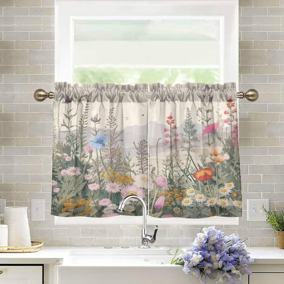 FREEAMG Wild Flowe Half Window Tier Curtains 36 Inch Blackout Thermal Insulating Kitchen Linen Tier Curtains for Kitchen,Bathroom,Cafe