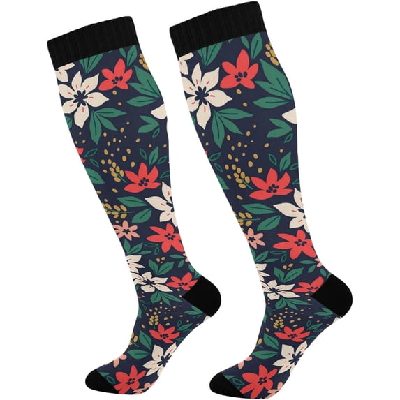 FREEAMG Winter Floral Colorful Pattern with Christmas Compression Socks for Women and Men, 1 Pair