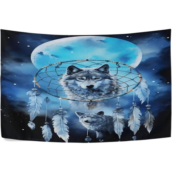FREEAMG Wolf Dream Catcher Tapestry Hippie Wall Hanging Tapestries Aesthetic Decorative for Living Room Bedroom Ceiling 60x51In