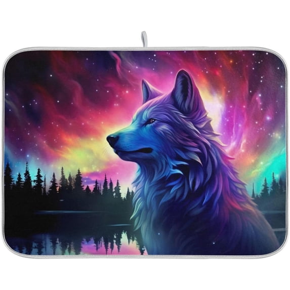 FREEAMG Wolf Galaxy Forest Dish Drying Mat for Kitchen Counter, Ultra Absorbent Reversible Microfiber Dishes Drying Rack Pad Heat-resistant Mats 16x18in