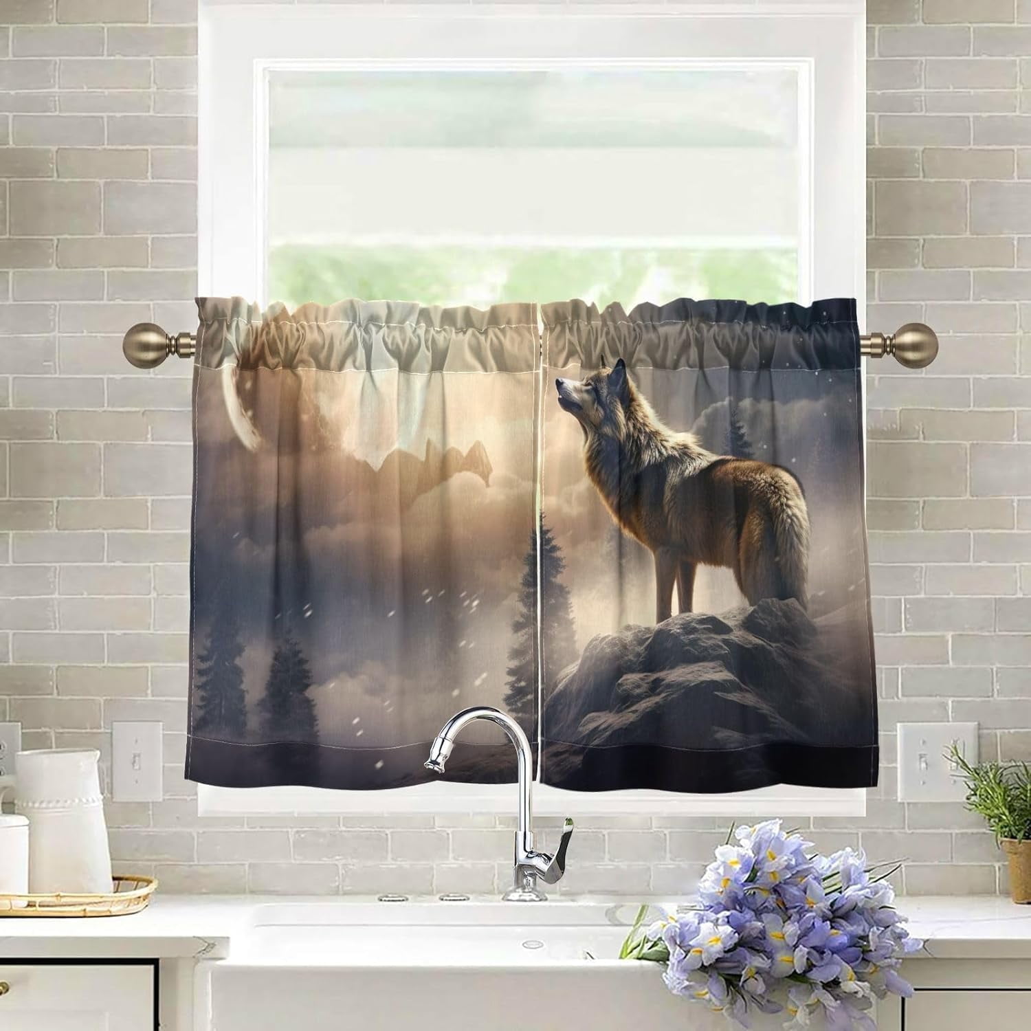 FREEAMG Wolf Half Window Tier Curtains 24 Inch Blackout Thermal ...