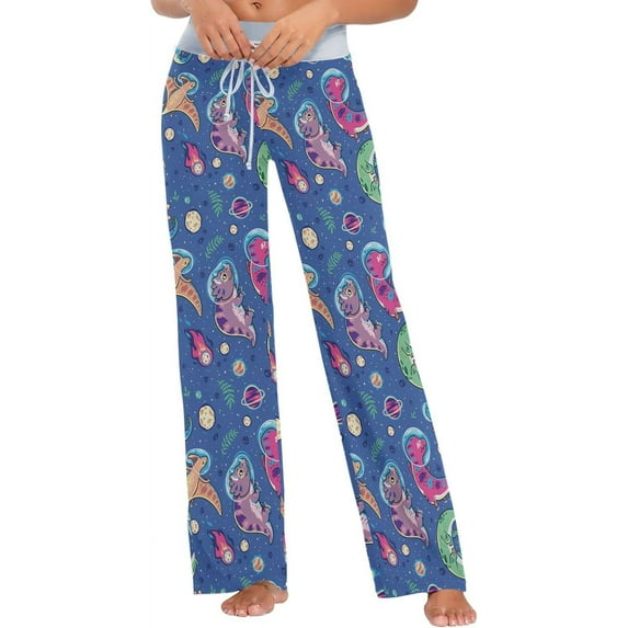 FREEAMG Women's Pajama Pants, Space Colors Dinosaurs Soft Drawstring Lounge & Sleep PJ Bottom