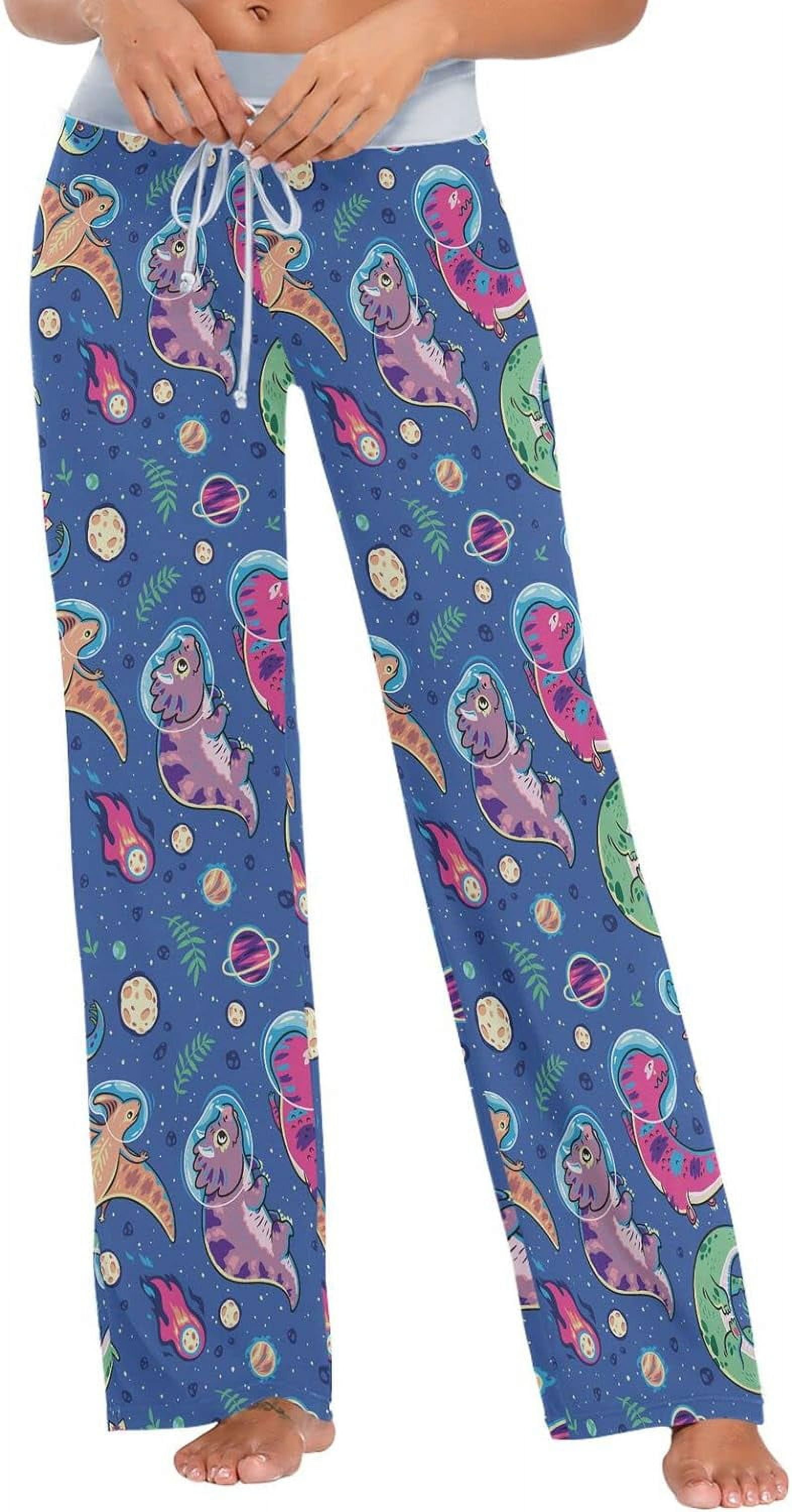 FREEAMG Women's Pajama Pants, Space Colors Dinosaurs Soft Drawstring ...