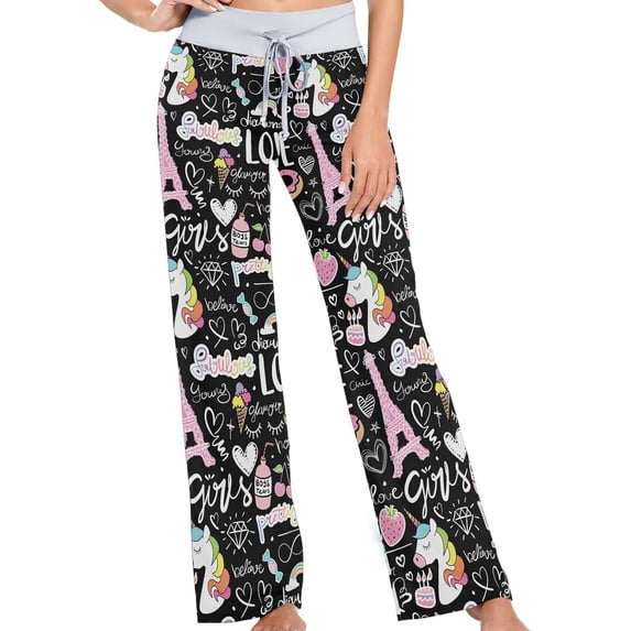 FREEAMG Womens Trendy Patterned Comfy Drawstring Lounge Pajama Pants High-Waist Wide Leg Sleepwear Bottom