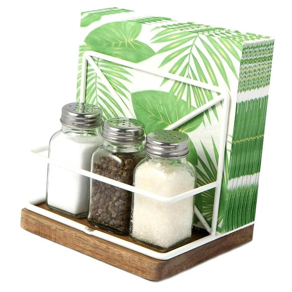 FREEAMG Wood & Metal Napkin Holder with Salt & Pepper Shakers - White