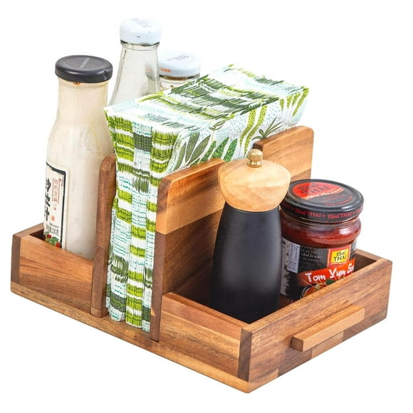 FREEAMG Wooden Napkin Holder with Salt and Pepper Shakers Caddy, a rustic decor piece for kitchen and dining tables, featuring an upright design for indoor use.