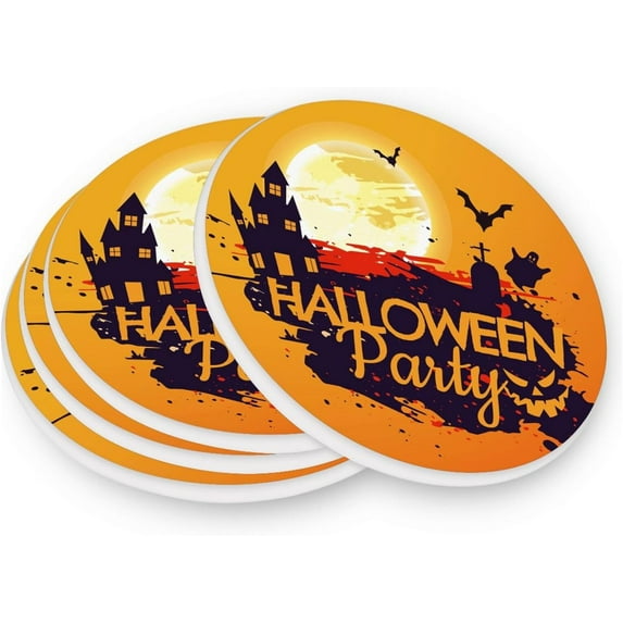 FREEAMG Yellow Halloween Moon Bat Coasters for Drinks Set of 4, Absorbent Ceramic Drink Coaster with Cork Base for Wooden Coffee Table, Cool Housewarming Gift for Home Decor