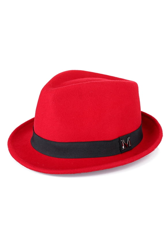 100% Wool Felt Panama Fedora Hat Short Brim Trilby Flat Hat for Men Women - Red