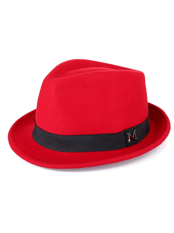 100% Wool Felt Panama Fedora Hat Short Brim Trilby Flat Hat for Men Women for Bigger Head - Red - L