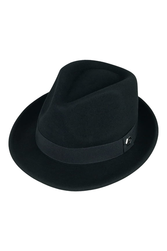 100% Wool Felt Panama Fedora Hat Short Brim Trilby Flat Hat with Hex Badge for Men Women - Black - size M