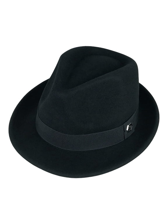 100% Wool Felt Panama Fedora Hat Short Brim Trilby Flat Hat with Hex Badge for Men Women - Black - size M
