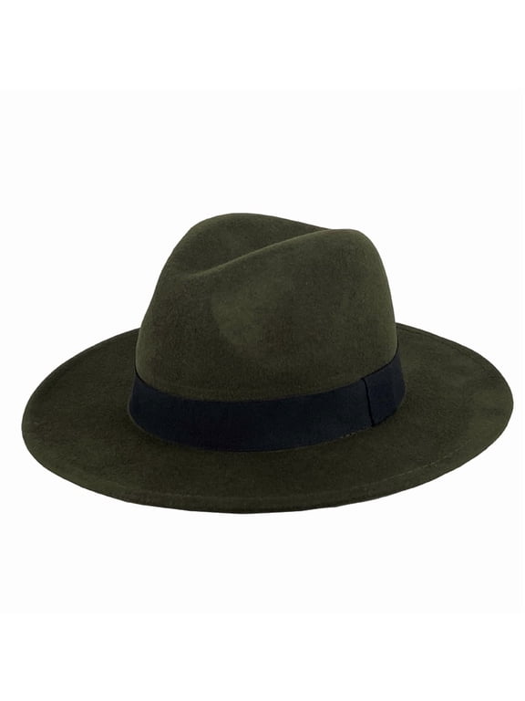 100% Wool Wide Brim Fedora Hat Men Women Classic Felt Panama Jazz Trilby Adjustable - Olive Green