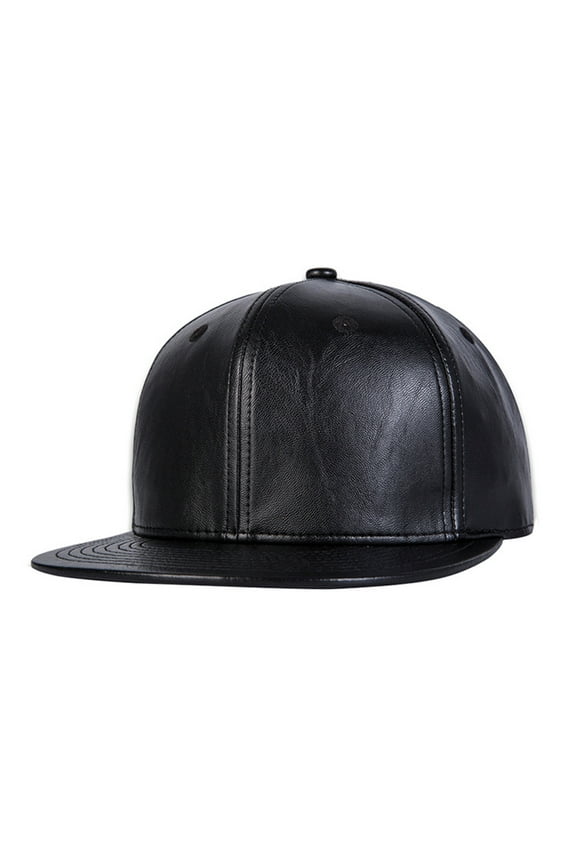 Faux Leather Flat Bill Brim Hip Hop Baseball Cap Ajustable Snapback Hat - Black #09