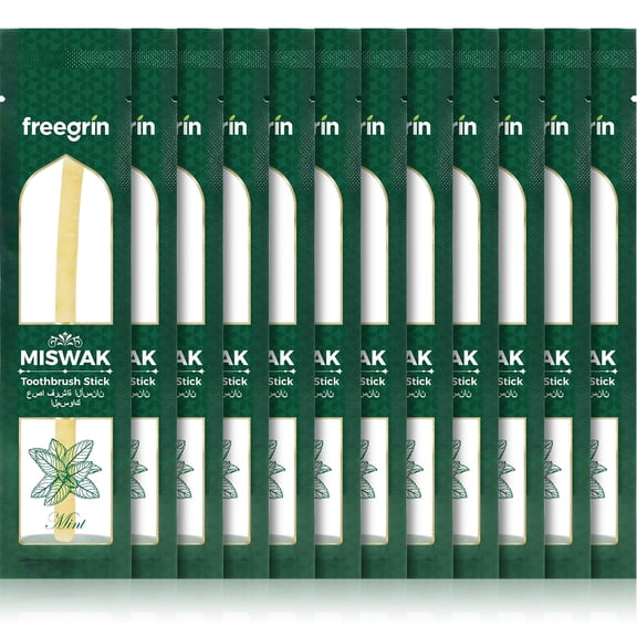 FREEGRIN 12 Pack Natural Miswak Sticks, Organic Wooden Miswak Toothbrush for Healthy Gums & Fresher Breath, No Toothpaste Required, Mint Flavor