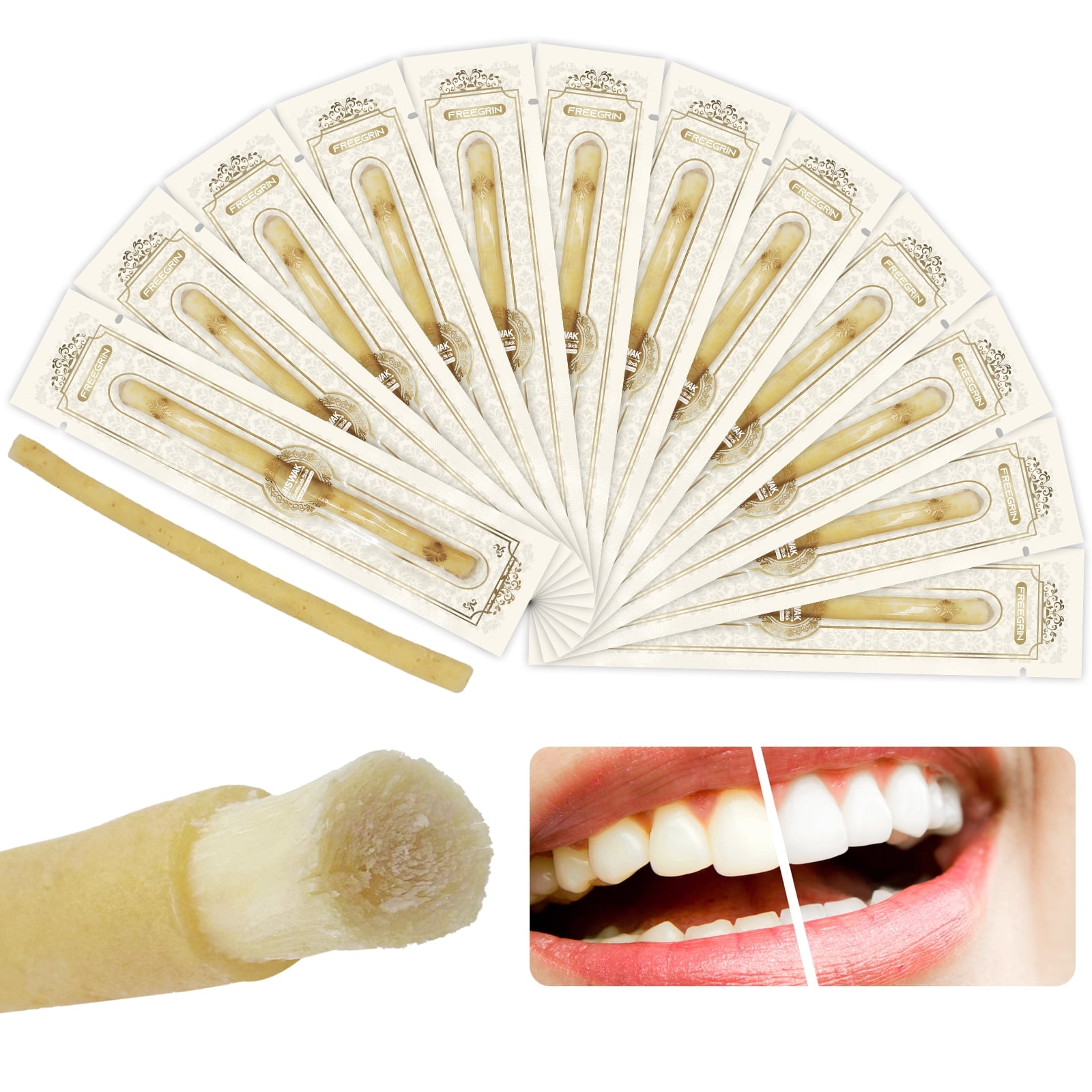 FREEGRIN 12 Pack Natural Miswak Sticks, Organic Wooden Miswak Toothbrush for Healthy Gums & Fresher Breath, No Toothpaste Required, Original Flavor