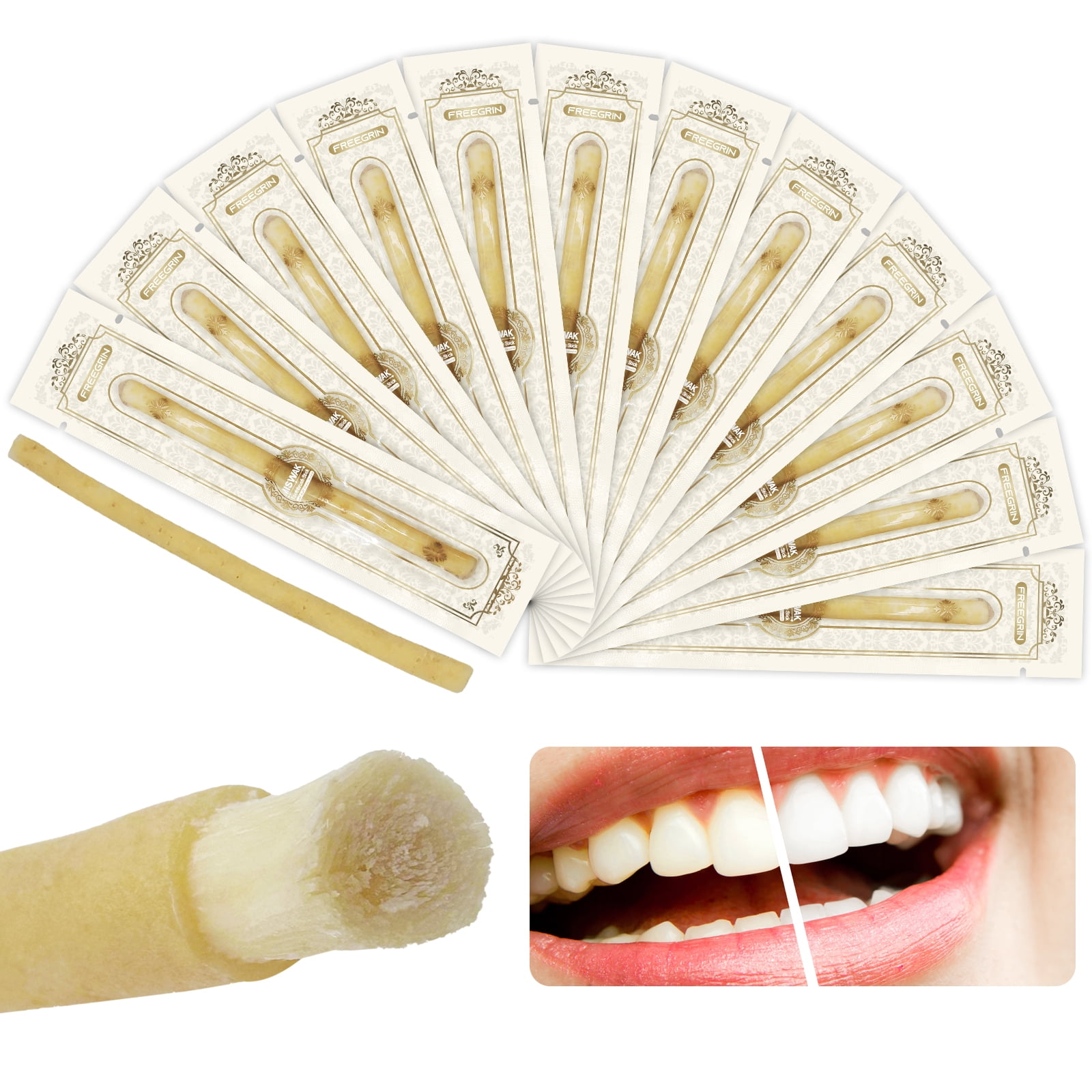 FREEGRIN 12 Pack Natural Miswak Sticks, Organic Wooden Miswak Toothbrush for Healthy Gums & Fresher Breath, No Toothpaste Required, Original Flavor