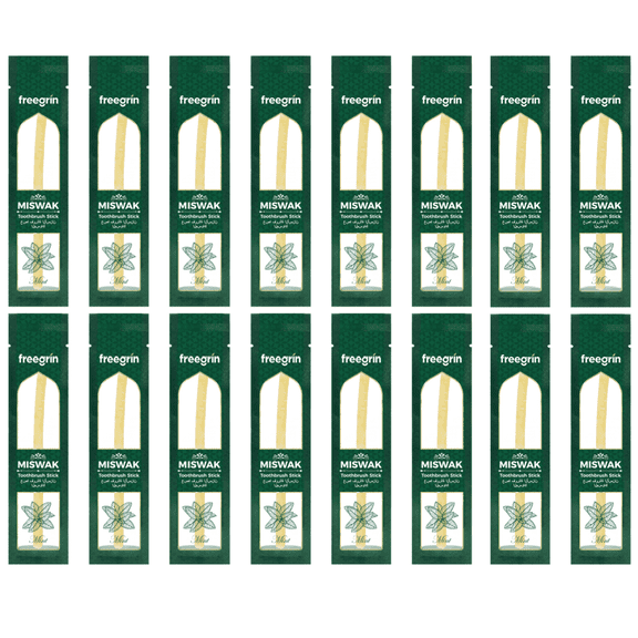 FREEGRIN 16 Pack Natural Miswak Sticks, Organic Wooden Miswak Toothbrush for Healthy Gums & Fresher Breath, No Toothpaste Required, Mint Flavor