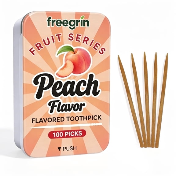 FREEGRIN Peach Flavored Toothpicks, 100 Count Birch Wood Sugar Free Picks, Fresh Breath After Meal, Portable Iron Tin Box Packaging