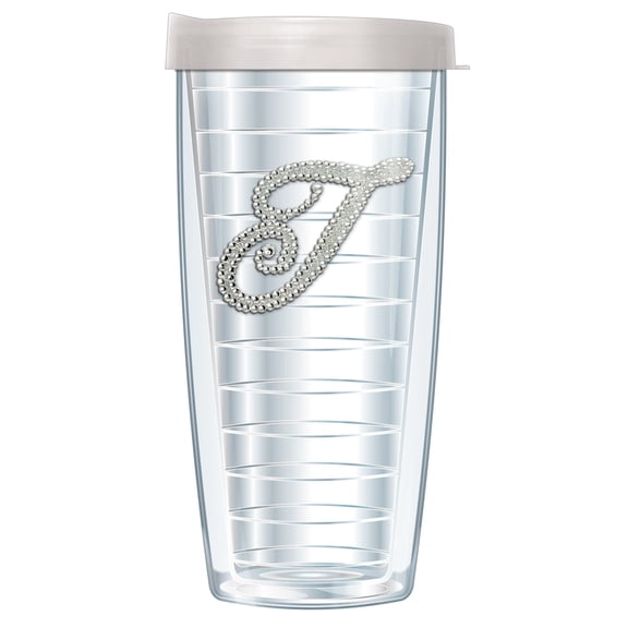 FREEHEART Silver Rhinestone Letter on Clear Insulated Tumbler with Travel Lid - Double Walled Thermal Insulation - Sparkly Glittery Monogram Initials (16 oz, T)