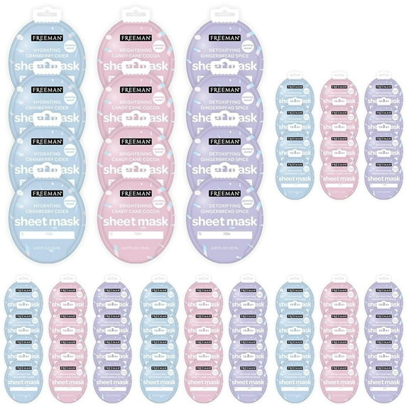FREEMAN Limited Edition Christmas Sheet Masks, Brightening Candy Cane, Hydrating Cranberry Cider, Detoxifying Gingerbread Spice, Multicolor, Cacao, 12 Count (Pack of 5)