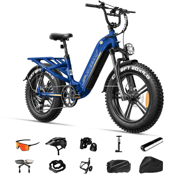 FREESKY 1800W Step-Thru Electric Bike for Adults, 48V 25Ah Samsung Cell Battery 105 Miles 33MPH, 20" Fat Tire Full Suspension Cargo E-Bike, UL2849