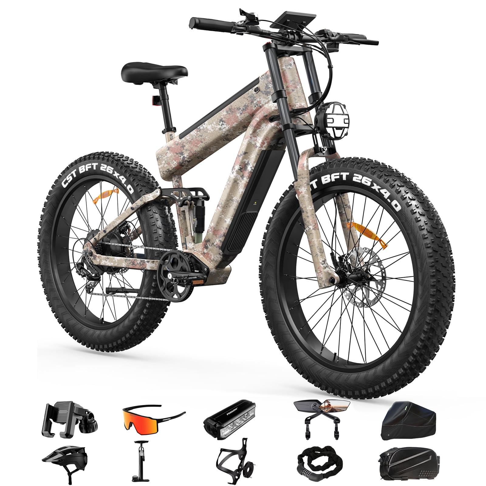 FREESKY 48V 45AH LG Dual Battery Electric Bike, 26" Fat Tire Mountain Ebike, Full Suspension & Hydraulic Brakes UL 2849 Certified by TÜV