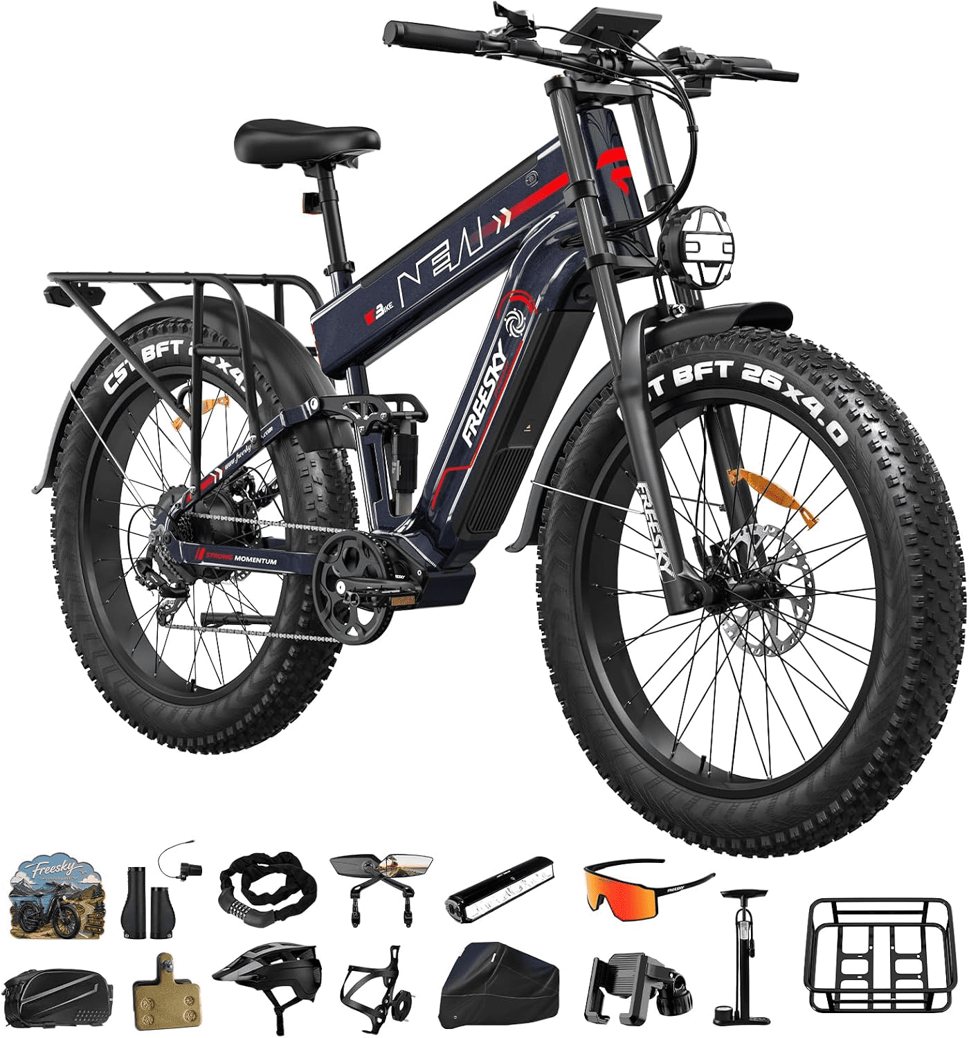 FREESKY 48V 45AH LG Dual Battery Electric Bike, 26" Fat Tire Mountain Ebike, Full Suspension & Hydraulic Brakes UL 2849 Certified by TÜV