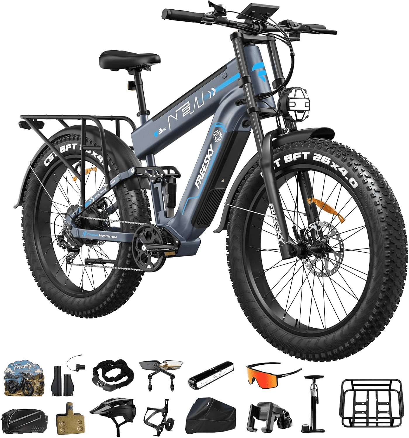 FREESKY 48V 45AH LG Dual Battery Electric Bike, 26" Fat Tire Mountain Ebike, Full Suspension & Hydraulic Brakes UL 2849 Certified by TÜV