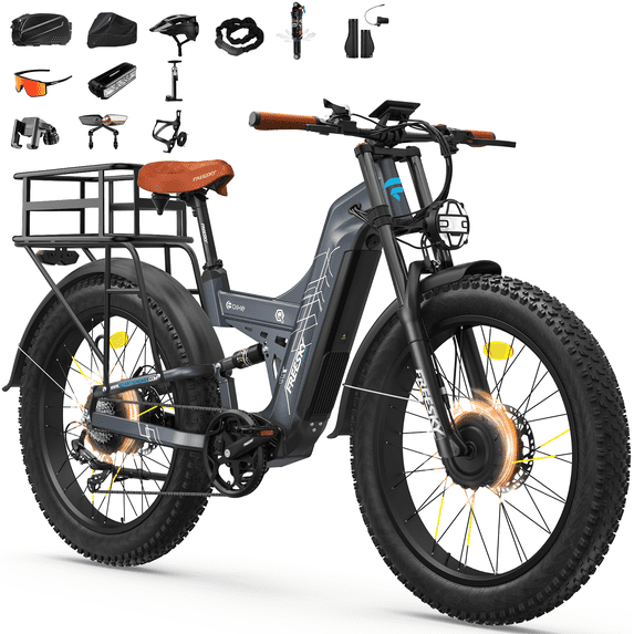 FREESKY Dual Motor 60V 30Ah LG Battery 120Mile 260NM Electric Mountain Bike for Adults, Full Suspension,26" Fat Tire All Terrain,Off-Road Ebike