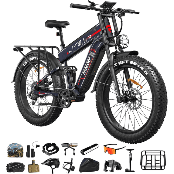 FREESKY 48V 45AH LG Dual Battery Electric Bike, 26" Fat Tire Mountain Ebike, Full Suspension & Hydraulic Brakes UL 2849 Certified by TÜV