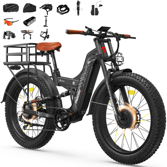 FREESKY Dual Motor 60V 30Ah LG Battery 120Mile 260NM Electric Mountain Bike for Adults, Full Suspension,26" Fat Tire All Terrain,Off-Road Ebike