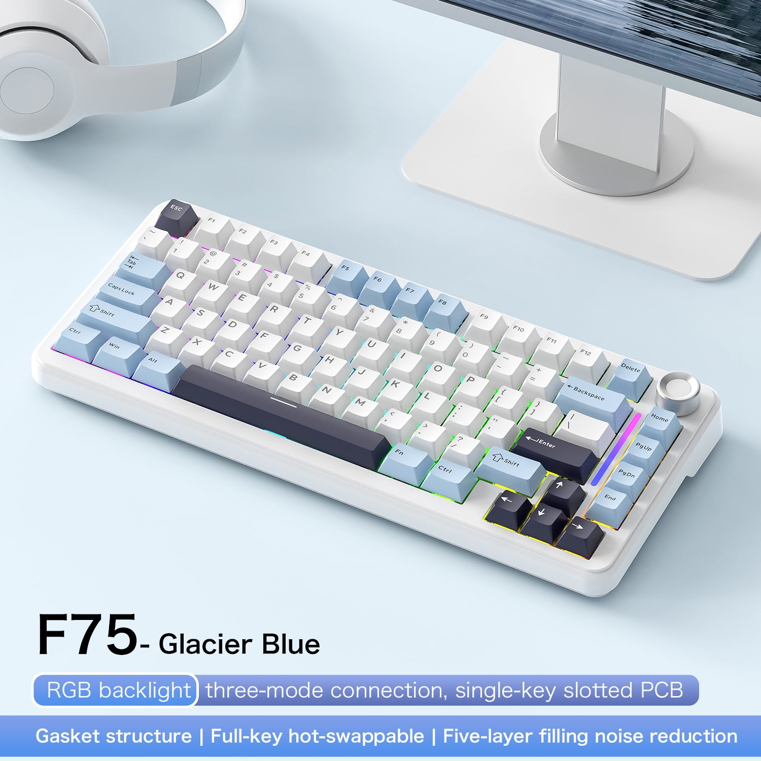 Tri-Mode RGB Mechanical Gaming Keyboard - 102-Key, Hot-Swappable, 4000mAh Battery, 5-Layer Sound Dampening(Sky blue on white) main image 0