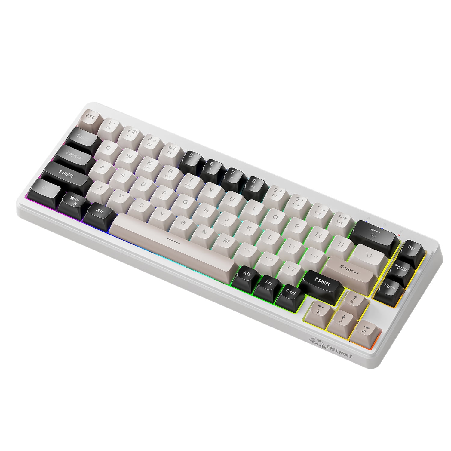 FREEWOLF M68 60% Wireless Gaming Keyboard, Bluetooth/2.4GHz/ Wired Tri-Mode Membrane Keyboard, PBT Keycaps, 2000mAH, 67 Keys Rainbow LED Backlit for PC Win/Mac