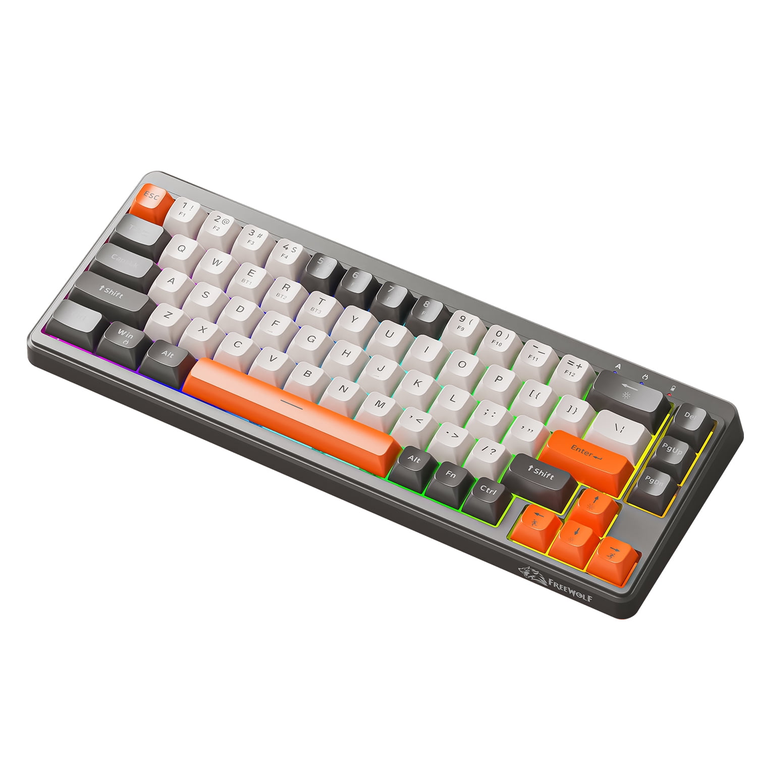 LexonElec X FREEWOLF M68 65% Drahtlose Gaming-Tastatur, QWERTY, BT/2.4G/Verkabelt, Leise Membran-Tastatur, Regenbogen-Backlit, 67 Tasten PBT-Tastenkappen, 2000mAh, Tragbar für Gamer/Büro -Grau