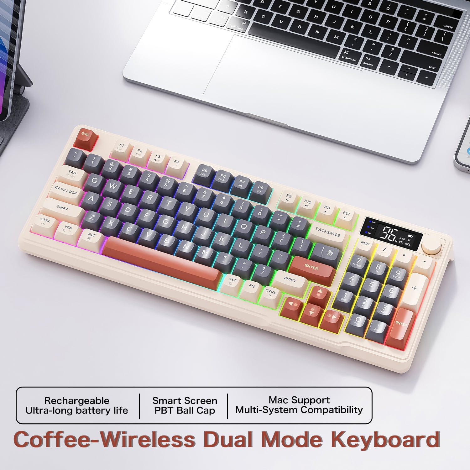FREEWOLF M96 Bluetooth Keyboard and Mouse Set,Electronic Screen, Multi-Device Connection,Ergonomic