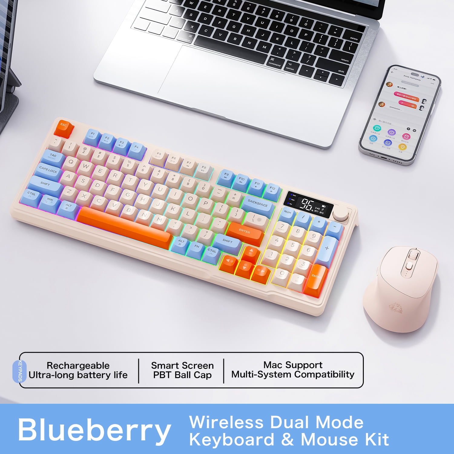 FREEWOLF M96 Wireless Bluetooth Gaming Keyboard, Dual-Mode, RGB, 96-Key, Ergonomic, Wireless Keyboard and Mouse Sets Combos