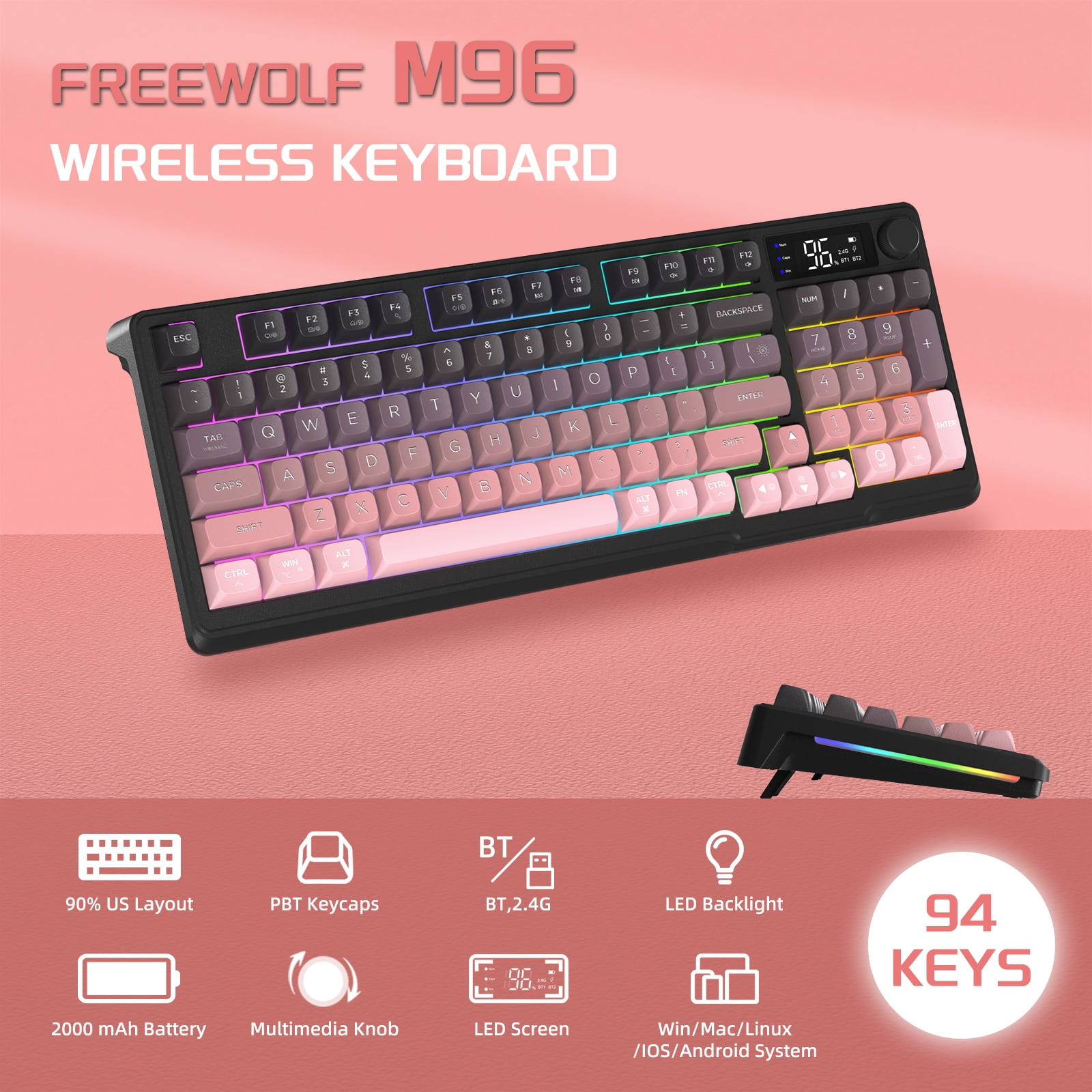 FREEWOLF M96 Wireless Gaming Keyboard Creamy Membrane with Rainbow Backlight,Media Knob,LCD Screen,Dual Mode-Bluetooth/2.4Ghz,Ball Shape PBT Keycap 94 Key...