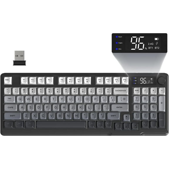 FREEWOLF M96 Wireless Gaming Keyboard Creamy Membrane with Rainbow Backlight,Media Knob,LCD Screen,Dual Mode-Bluetooth/2.4Ghz,Ball Shape PBT Keycap 94 Key...