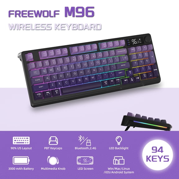 FREEWOLF M96 Wireless Gaming Keyboard Creamy Membrane with Rainbow Backlight,Media Knob,LCD Screen,Dual Mode-Bluetooth/2.4Ghz,Ball Shape PBT Keycap 94 Key...
