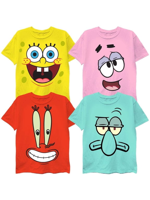 Spongebob Character Big Face T-Shirt Bundle 4, SpogeBob,Patrick,Squidward & Mr. Krabs